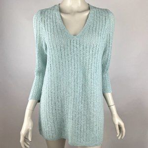 J Jill Cotton Open Knit Sweater Women S NWT $89 Aqua 3/4 Sleeve V-neck‎ Cotton